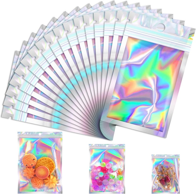 Jetmore 100 Pcs Resealable Mylar Bags, Smell Proof Goodie Bags with Clear Window, Small Holographic Bags for Halloween, Gift, Candy, Bracelet, Keychain, Treat, Product, Sealable Plastic Bags - Image 1